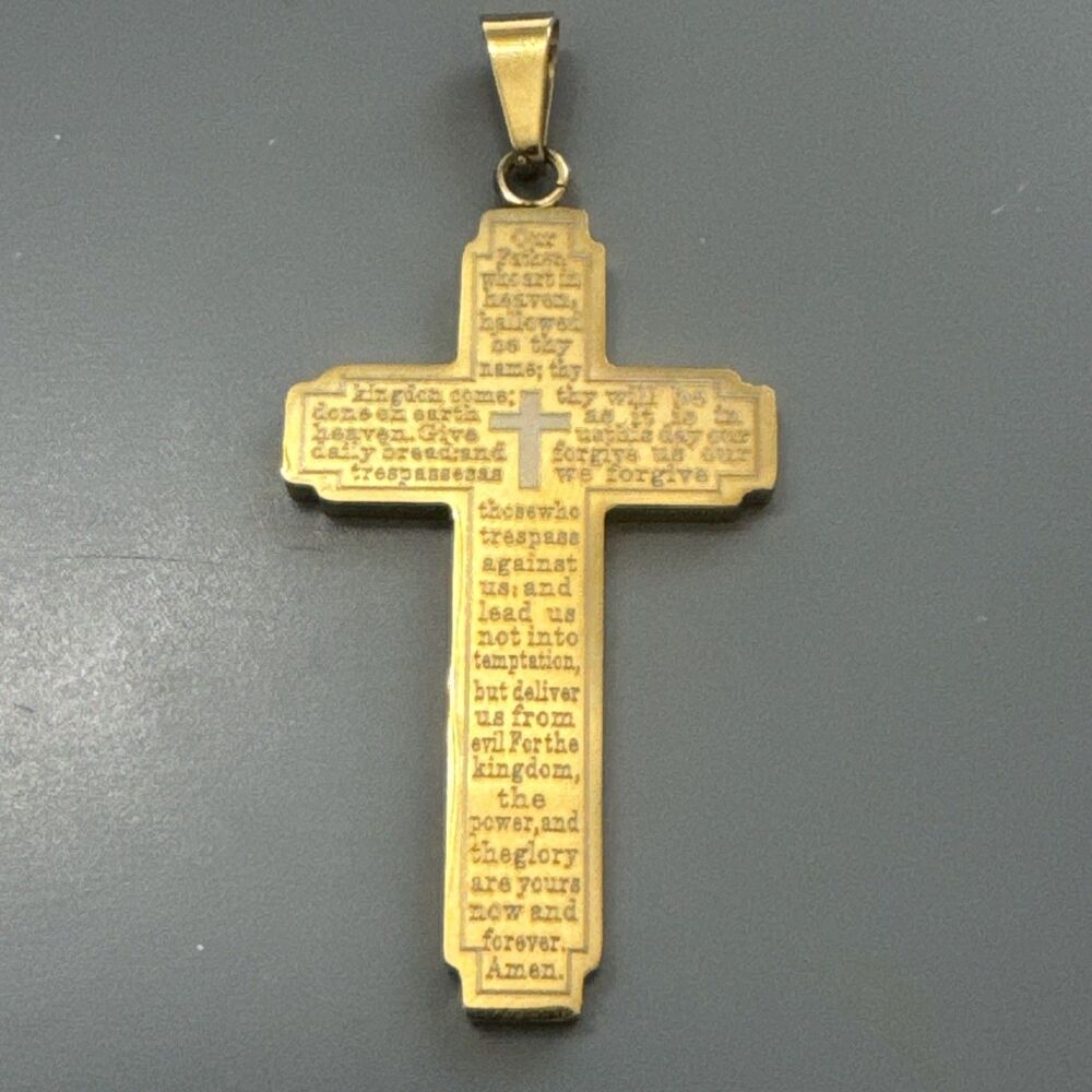 Cross Pendant Scripture Stainless Steel Gold Tone 24” Chain Faith Jesus Gift
